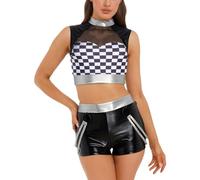 Raenseen Womens 2 Piece Rave Outfits Snakeskin Pattern Mesh Patchwork Crop Top with Hot Pants Black White XL