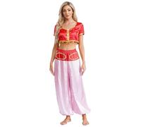 Raenseen Womens Arabian Costume Fairytale Elf Cosplay 2 Piece Outfits Crop Top with Pants Sets Red XXL