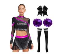 Raenseen Womens Cheerleading Outfits Cheer Dance Costume Crop Top with Miniskirt and Accessories Purple XXL