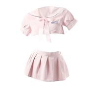 Raenseen Womens School Girl JK Uniform Costume Short Sleeve Crop Top with Mini Skirt Outfits Pink M