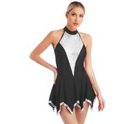Raenseen Womens Shiny Sequin Patchwork Dance Costume Sleeveless Backless Irregular Dresses Black XXL