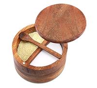 RAETTER.LY Acacia Wood Salt and Pepper Bowl, Nature Wood Salt Cellar and Spices Storage Box With Built-in Spoon and Magnetic Swivel Lid (Two Compartments)