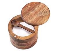 RAETTER.LY Acacia Wood Salt and Pepper Bowl, Nature Wood Salt Cellar and Spices Storage Box With Built-in Spoon and Magnetic Swivel Lid (Single Compartment)