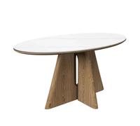 raevo oval ceramic top dining table with oak veneer base in matte white marble-effect