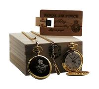 RAF Crested Gold Pocket Watch and Wooden USB Memory Card Luxury Engraved Gift Set Royal Air Force Military Gifts