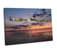 RAF Spitfire & Hurricane Ocean Sunset Wall Art Framed Canvas Print WW2 Picture (14x20 Inch / 35x51cm)