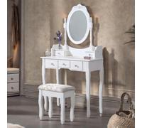 Rafaelo Mobilia 145CM Tall 5 Drawer White Dressing Table With Round Mirror & Stool Rafaelo Mobilia White