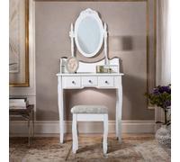 Rafaelo Mobilia 5 Drawer White Dressing Table With Round Mirror And Stool