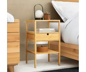 Rafaelo Mobilia Bamboo Bedside Table With Drawer and Shelf Natural Brown