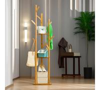 Rafaelo Mobilia Bamboo Coat Stand With 9 Hooks & 2 Shelves in Light Brown Rafaelo Mobilia Light Brown