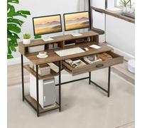 Rafaelo Mobilia Computer Desk With Monitor Stand, Shelves And Drawer Rustic Brown