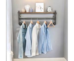 Rafaelo Mobilia Industrial Pipe Wall-Mounted Floating Shelf With Hanging Rail Brown