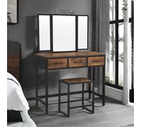 Rafaelo Mobilia Industrial Rustic Brown Dressing Table With Mirror And Stool