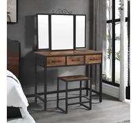 Rafaelo Mobilia Industrial Rustic Brown Dressing Table With Mirror And Stool, Brown