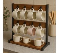Rafaelo Mobilia Industrial Wooden Mug Holder Stand For Kitchen Countertop in Brown Rafaelo Mobilia Brown