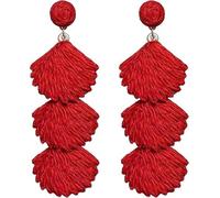 Raffia Dangle Earrings for Women - Boho Statement Rattan Drop Jewelry with Shell Design, Lightweight Summer Beach Trendy Accessories (Red)