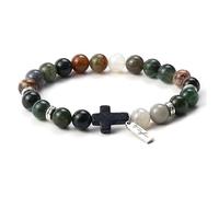 Raffici Indian Agate Bracelet - Natural Gemstone Beads 8 mm, Black Cross Charm, Stretchable Unisex Beaded Bracelet with Gift Pouch