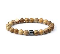 Raffici Picture Jasper & Hematite Natural Stone Bracelet - 8 mm Beaded Stretch Bracelet for Men & Women, 7.2-7.5 inch, Healing Crystal Grounding Energy Gift