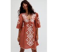 Raffya Arabella V- Neck Embroidered Mini Dress In Brown - 12