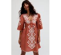 Raffya Arabella V- Neck Embroidered Mini Dress In Brown - 16