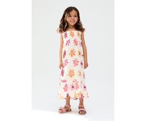 Raffya Girl's Flora Gathered Hand Drawn Floral Print Dress In Multi in Ecru | Size: 7 Years Raffya Ecru 7 Years