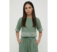 Raffya Milly Embroidered Split Open Back Blouse In Sage Green - 16