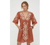 Raffya Women's Arabella V- Neck Embroidered Mini Dress in Copper | Size: 14 Raffya Copper 14