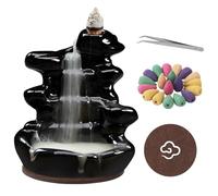 RAFIYU Waterfall Backflow Incense Burner, Ceramic Incense Cone Holder with 60 Cones, Tongs and Table Mat, Home Decor for Meditation, Relaxation, Purification, Yoga Gifts