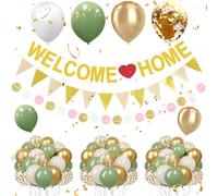 RAFIYU Welcome Home Decorations, Welcome Home Banners, Green Gold White Welcome Home Balloons, Round Garland, Pennant Flag Bunting for Family Parties Welcome Back Baby Showers Party Supplies