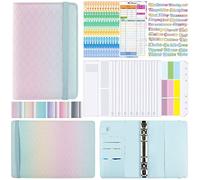 Rafstya A6 Gradient Macaron Binder Hand Ledger Notebook Leather PU Loose-Leaf Book Cash Budget Book with Zip Bag, Green Pink