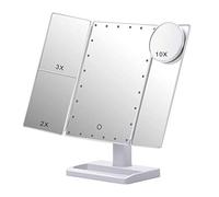 Rafstya Trifold Makeup Mirror with 22 LED Lights,10X/3X/2X Magnification Portable Fold Lighted Table Desk Cosmetic Mirror,White