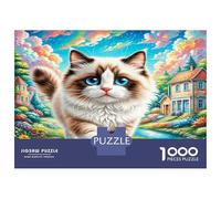 Ragdoll Cat Adult Jigsaws 1000 Piece Cat in Lush Flower Field for Decompression And Wall Decor 38x26cm/1000pcs
