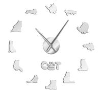 Ragdoll Cat Breed Mirror Effect 3D DIY Wall Art Clock Watch Cute Cat Animals Design Mute Wall Clock Self Adhesive Kit Decoration(Silver,47inch)