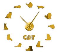 Ragdoll Cat Breed Mirror Effect 3D DIY Wall Art Clock Watch Cute Cat Animals Design Mute Wall Clock Self Adhesive Kit Decoration(Gold,27inch)