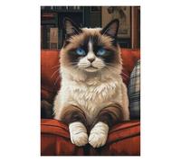 Ragdoll Cat on Red Couch Wooden Jigsaw Puzzle for Adults, 1000 PCS