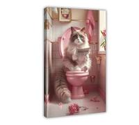 Ragdoll Cat Sitting on A Pink Toilet And Reading Newspaper, Canvas Poster Wall Art Decor Print Picture Paintings for Living Room Bedroom Decoration 12x18inch(30x45cm)