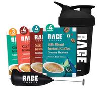 Rage Coffee - Silk Blend Assorted Sachets, Pack of 15 (3 Classic, 4 Creamy Hazelnut, 4 Vanilla Velvet & 4 Belgian Chocolate) + Multi-Purpose Shaker 450 ml + Frother