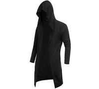 RAGEMALL Mens Long Cardigan Open Front Draped Lightweight Hooded Sweater with Pockets, Black, Large