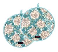 Ragged Rose Aga Cooker Hob Covers - 38 cm x 38 cm Universal Hob Mats for Gas, Oil, Electric, & Induction Aga Cookers - Pair of Machine Washable Cotton Chef’s Pads - Duck Egg Rose Pack of 2