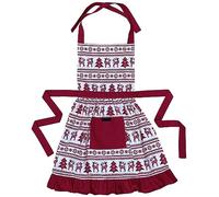 Ragged Rose Christmas Apron - Cotton Apron for Cooking & Dishwashing - Frilly Apron with Adjustable Neck Strap, Front Pocket & Ties - Vintage Apron for Women Nordic Christmas Red Apron - 85 x 60 cm