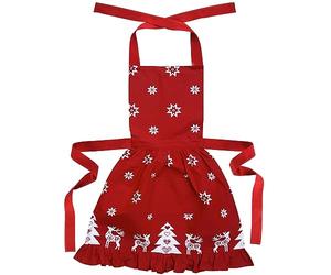 Ragged Rose Christmas Apron - Cotton Apron for Cooking & Dishwashing - Frilly Apron with Adjustable Neck Strap, Front Pocket & Ties - Vintage Apron for Women Retro Red Apron - 85 cm x 60 cm