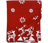 Ragged Rose Christmas Table Cloth - Festive Linen Tablecloth with Nordic Style Prints for Living Room & Kitchen - Cotton Tablecloth That Fits a 6-7 Ft Table - Red Christmas Star Print
