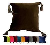 Ragged Rose Velvet Cushion Covers - Sasha Square Tassel Cushion Covers 45cm x 45 cm - Soft, Elegant, Luxury Cotton Velvet Fabric Pillow Cases for Lounge Area & Bedroom, Brown
