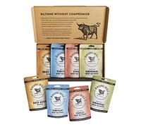 Raging Bull Biltong Taster Pack - 2 x 28g Bags of Original, Chilli and Teriyaki Beef Biltong - 2 x 50g of Original Droewors Sticks - High Protein Snacks - Low Carb Keto Snacks - Carnivore Meat Snacks