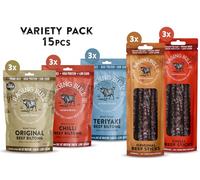 Raging Bull Meat Snack Variety Pack 15 Bags - High Protein Beef Biltong & Droewors - Grass Fed Low Carb Keto Carnivore Snacks - Healthy Savoury Snack Box