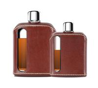 Ragproper Leather Glass Hip Flask Set - Durable Whiskey & Liquor Flasks for Men & Women, Single Shot 3.4oz (100ml) + Double Shot 8oz (240ml), Premium Genuine Leather, Ideal Glass Flask, Dark Brown