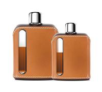 Ragproper Leather Glass Hip Flask Set for Men & Women - Durable Whiskey & Liquor Flasks, Single Shot 3.4oz (100ml) + Double Shot 8oz (240ml), Premium Real Leather Cover, Dark & Tan