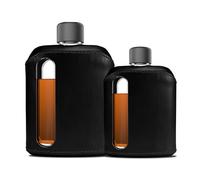 Ragproper Leather Glass Hip Flask Set for Men & Women - Durable Whiskey & Liquor Flasks, Single Shot 3.4oz (100ml) + Double Shot 8oz (240ml), Premium Genuine Leather Cover, Black
