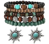 RagQbuK 6pcs Boho Beaded Bracelets for Women, Set with Turquoise Earrings, Stackable for Layered Look, Alloy Turquoise Bead Elastic Bracelet, and 1 Pair of Earrings