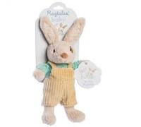 Ragtales Luxury Soft Toy/Rattle - Baby Alfie Softie - Beige Velour Rabbit with Removable Corduroy Dungarees and Blue Knitted Jumper.